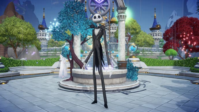 jack skellington standing in front of the plaza well in disney dreamlight valley