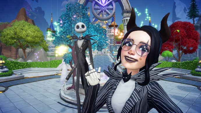 a female character wearing horns an a jack skellington outfit pointing to jack skellington in the plaza of disney dreamlight valley while it’s lightly raining