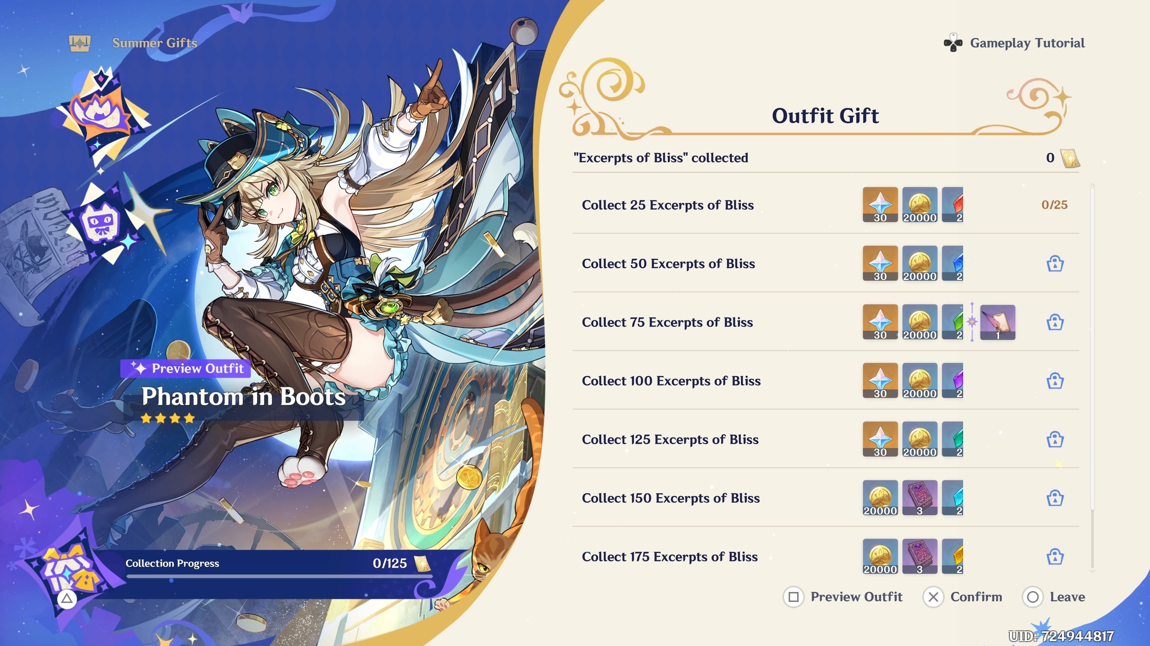 Menu view of the Excerpt of Gifts rewards in Genshin Impact during version 4.8.