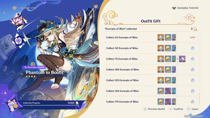 Menu view of the Excerpt of Gifts rewards in Genshin Impact during version 4.8.
