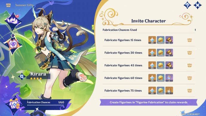 Menu showing Kirara rewarded for free if 60 fabrications are made in Genshin Impact.
