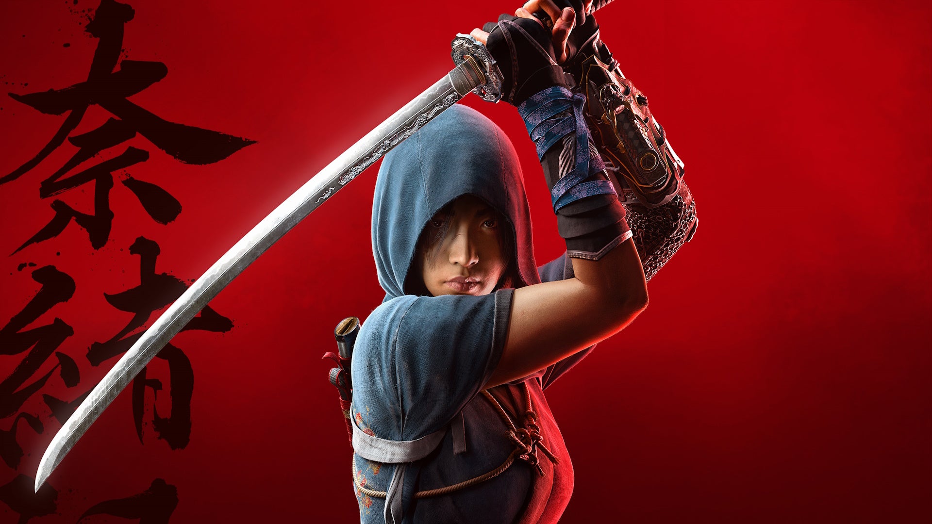 Naoe from Assassin&rsquo;s Creed Shadows on a dark red background.