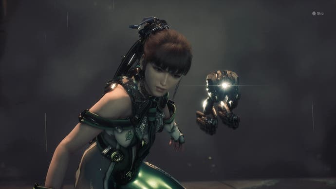 Eve looking angry with the drone beside her in Stellar Blade.