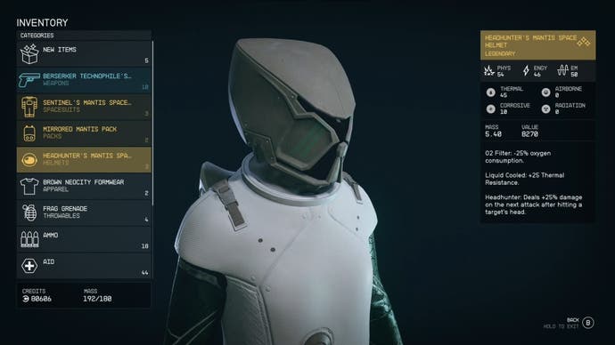 menu view on equipping mantis helmet and its stats