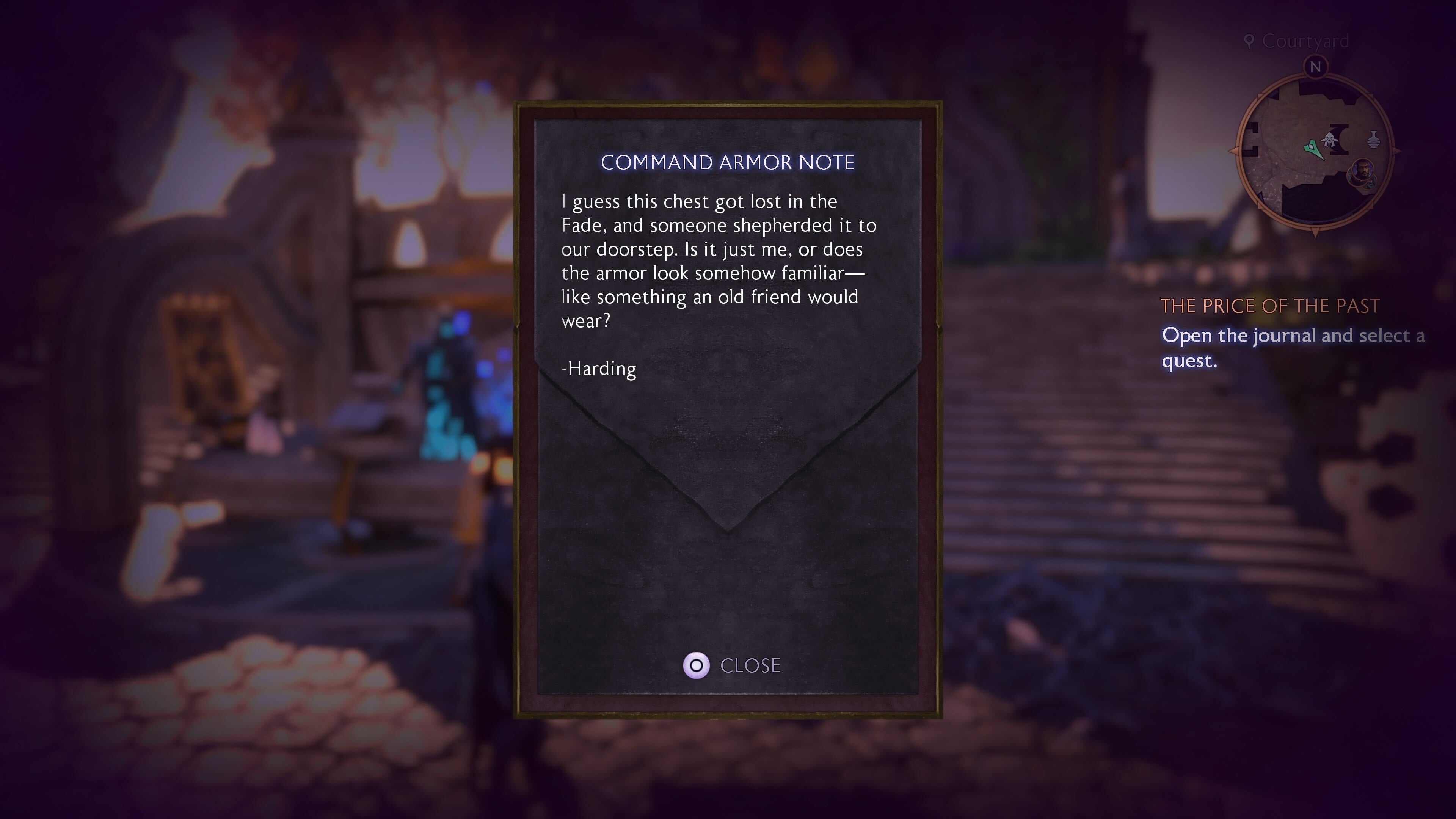 A note from Harding about the Mass Effect armor in Dragon Age: the Veilguard.