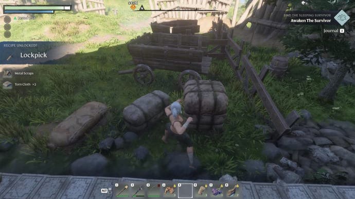 Punching a white box in a ruined settlement in Enshrouded.