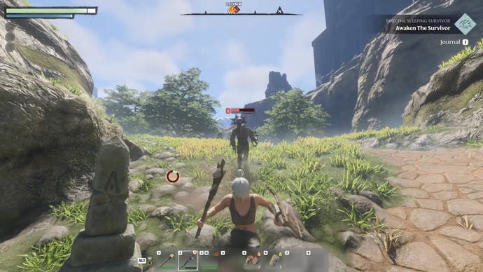 Dodge leaping backwards from a Scavenger enemy in Enshrouded.
