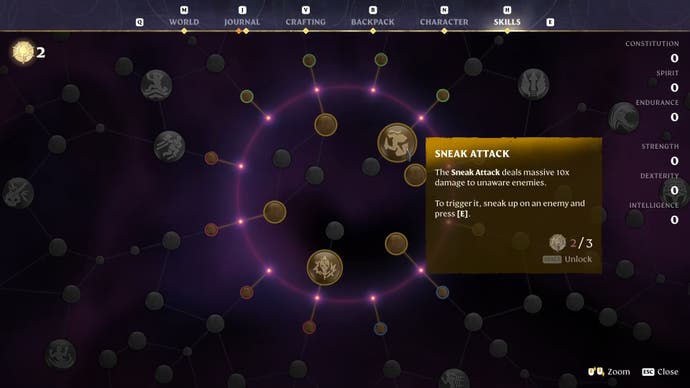 Menu view of the skill tree in Enshrouded. with the Sneak Attack skill selected.