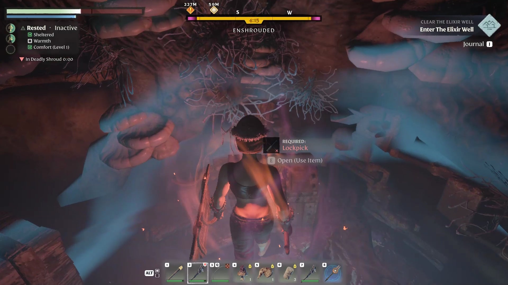 Looking at a chest inside a Shroud bubble that needs a lockpick to open in Enshrouded.