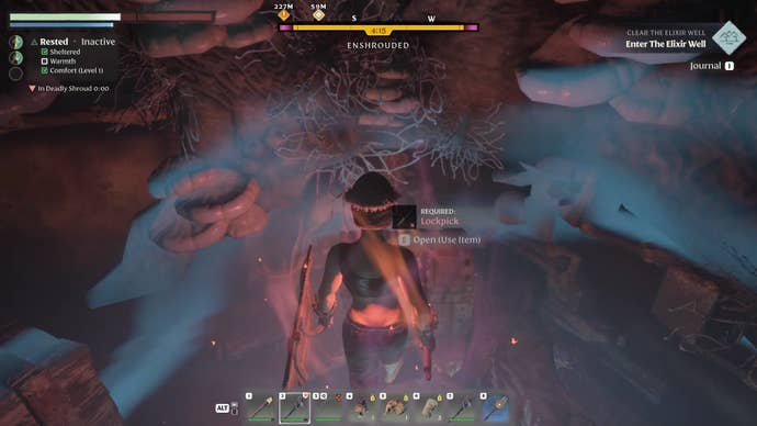 Looking at a chest inside a Shroud bubble that needs a lockpick to open in Enshrouded.