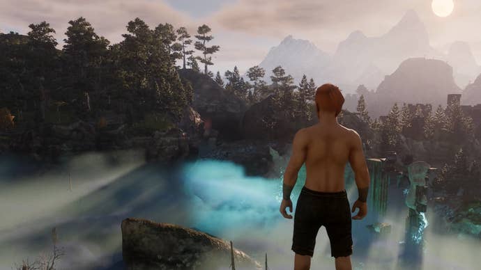 A man wearing only shorts looking out at a forest landscape with mountains and fog in the distance in Enshrouded.
