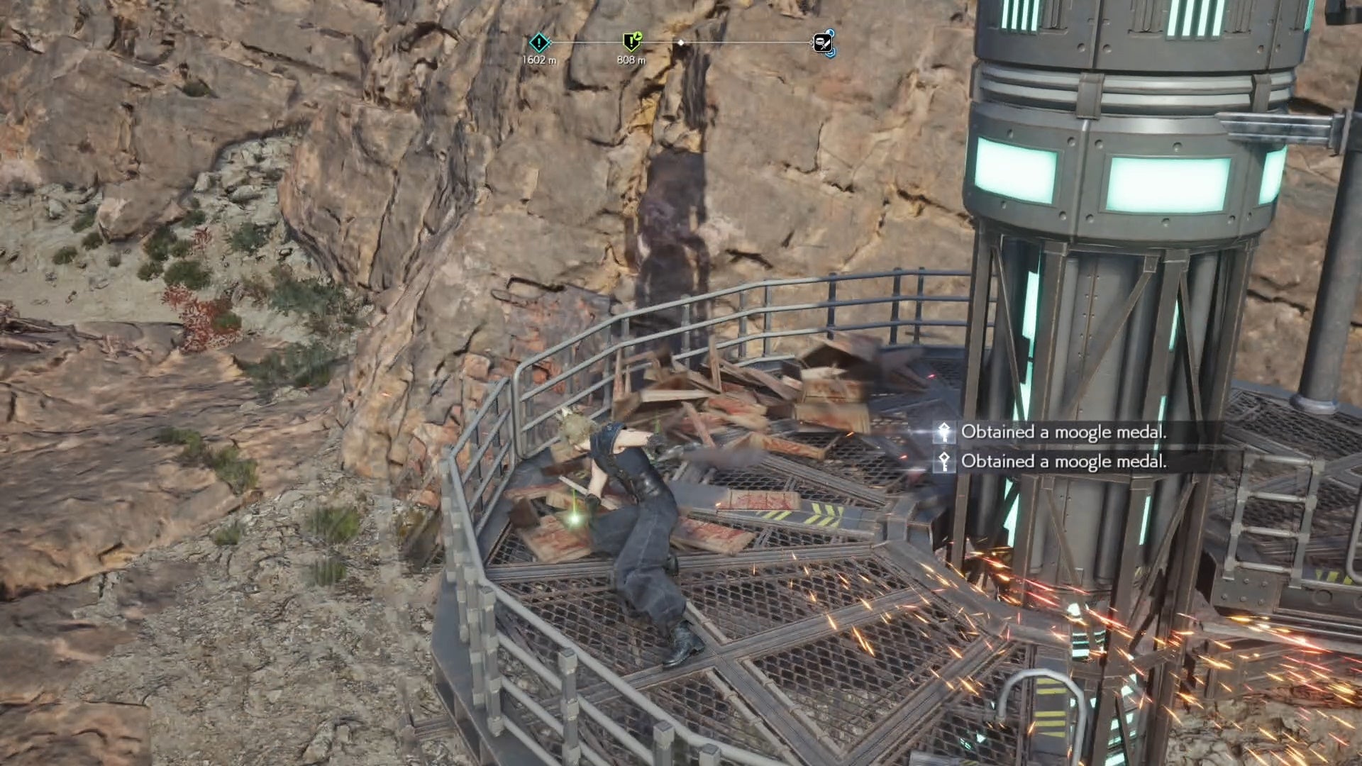 Cloud destroying Shinra wooden boxes for Moogle Medal rewards in Final Fantasy 7 Rebirth.