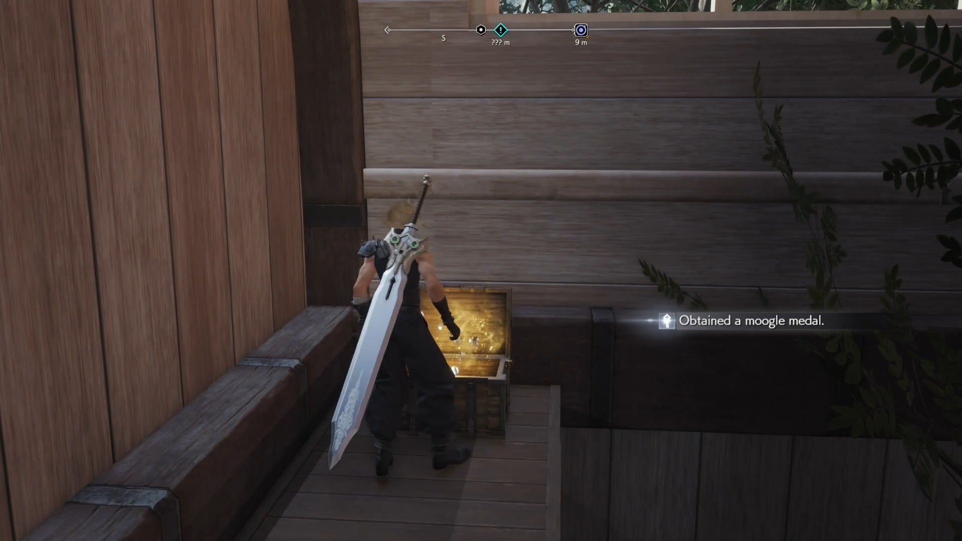 Cloud opening a chest with Moogle Medals inside in Final Fantasy 7 Rebirth.