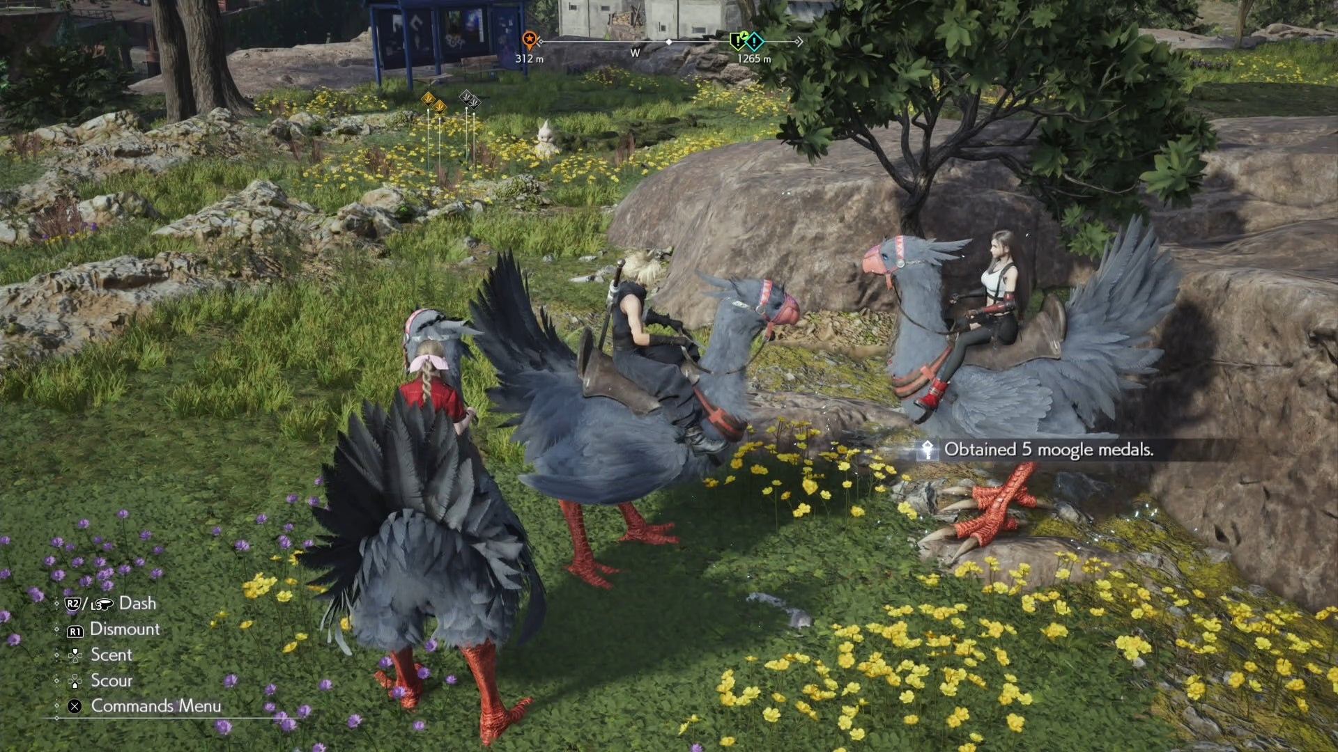 Cloud, Tifa, and Aerith in grey chocobos after Cloud&rsquo;s chocobo has found a Moogle Medal in Final Fantasy 7 Rebirth.