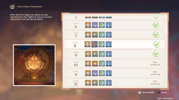 Menu view of some of Tona’s Flame rewards in Genshin Impact.