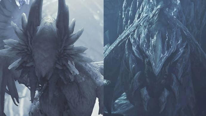 Close ups of Guardian Arkveld and Zoh Shia in Monster Hunter Wilds.