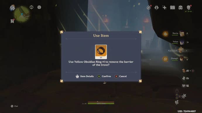 Pop up menu before using the Yellow Obsidian Ring at the Children of Echoes barrier in Genshin Impact.