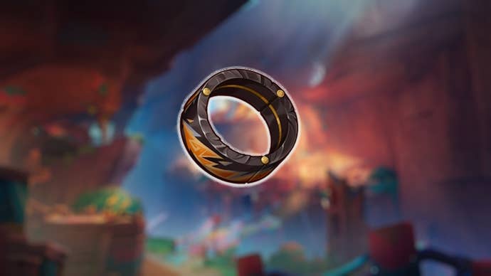 An Obsidian Ring from Genshin Impact on a blurred background of the Children of Echoes tribe settlement.