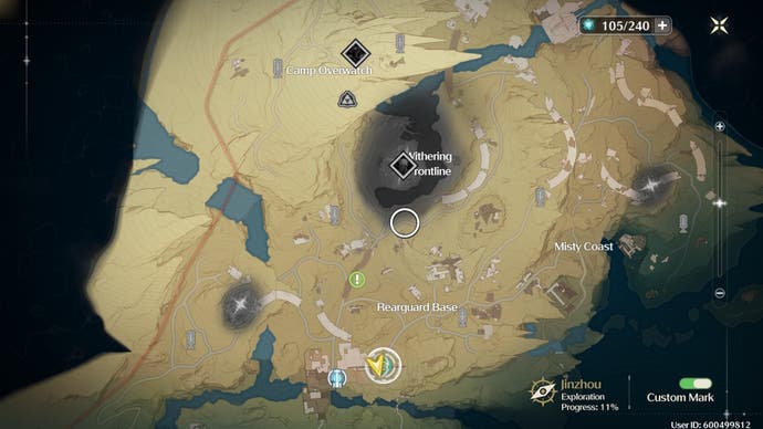 Map view of the Desorock Highlands in Wuthering Waves with a shiny Echo location circled.