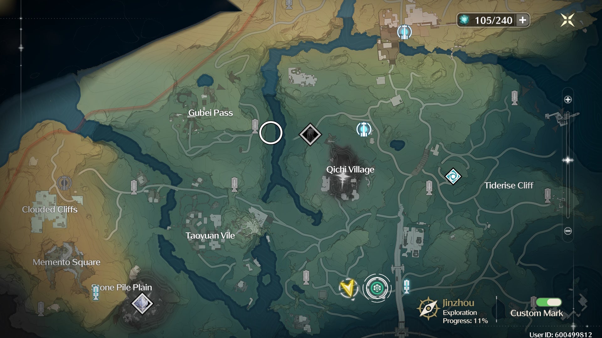 Map view of the Central Plains in Wuthering Waves with a shiny Echo location circled.