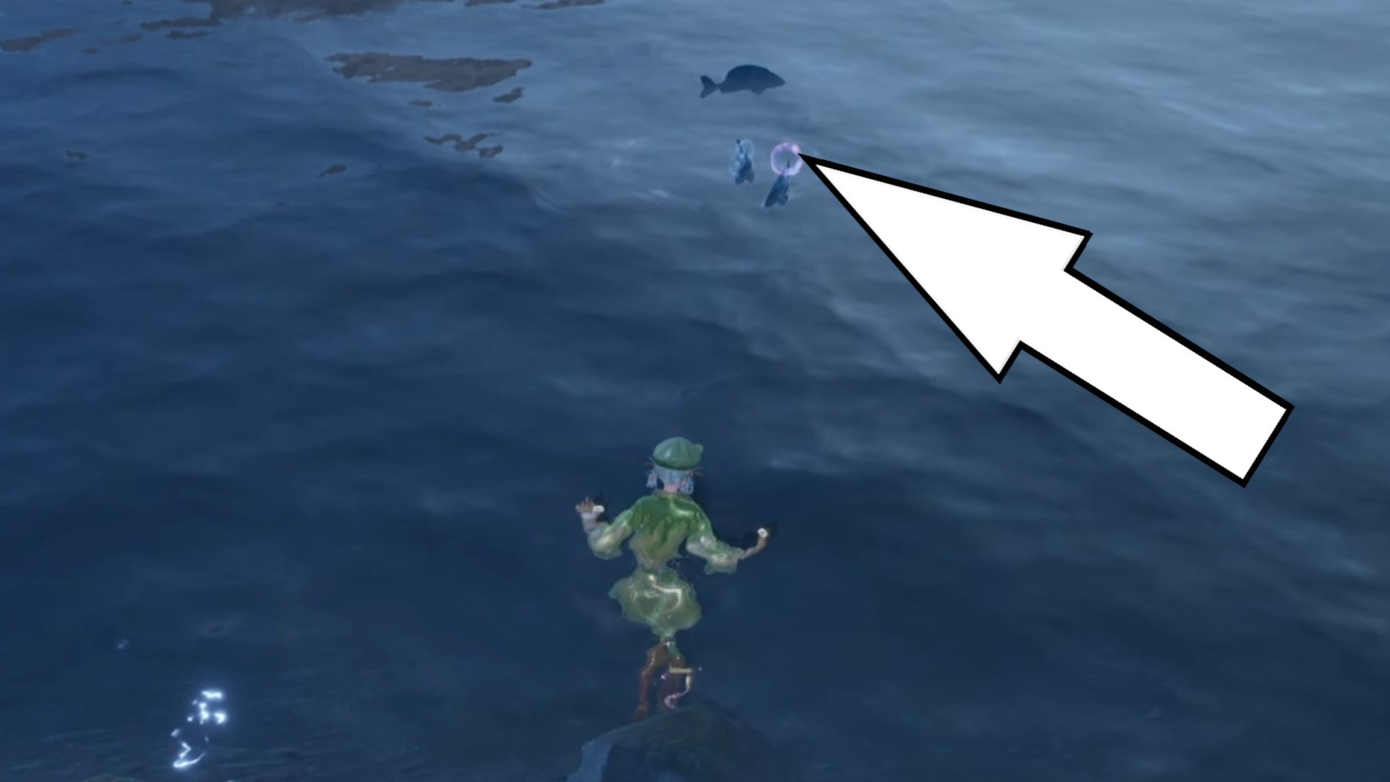 Awhite arrow pointing to a fish producing a pink bubble in Infinity Nikki.