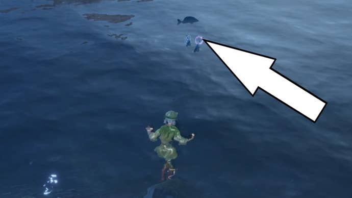 Awhite arrow pointing to a fish producing a pink bubble in Infinity Nikki.