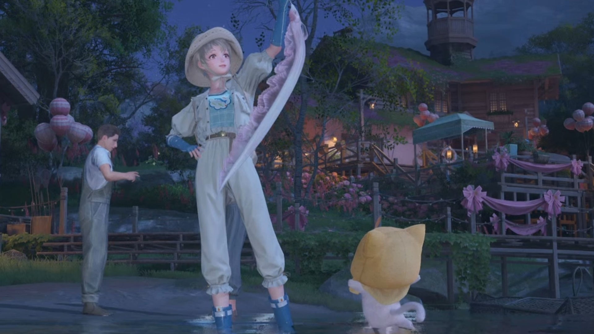 Nikki holding up a Pink Ribbon Eel at night in Infinity Nikki.