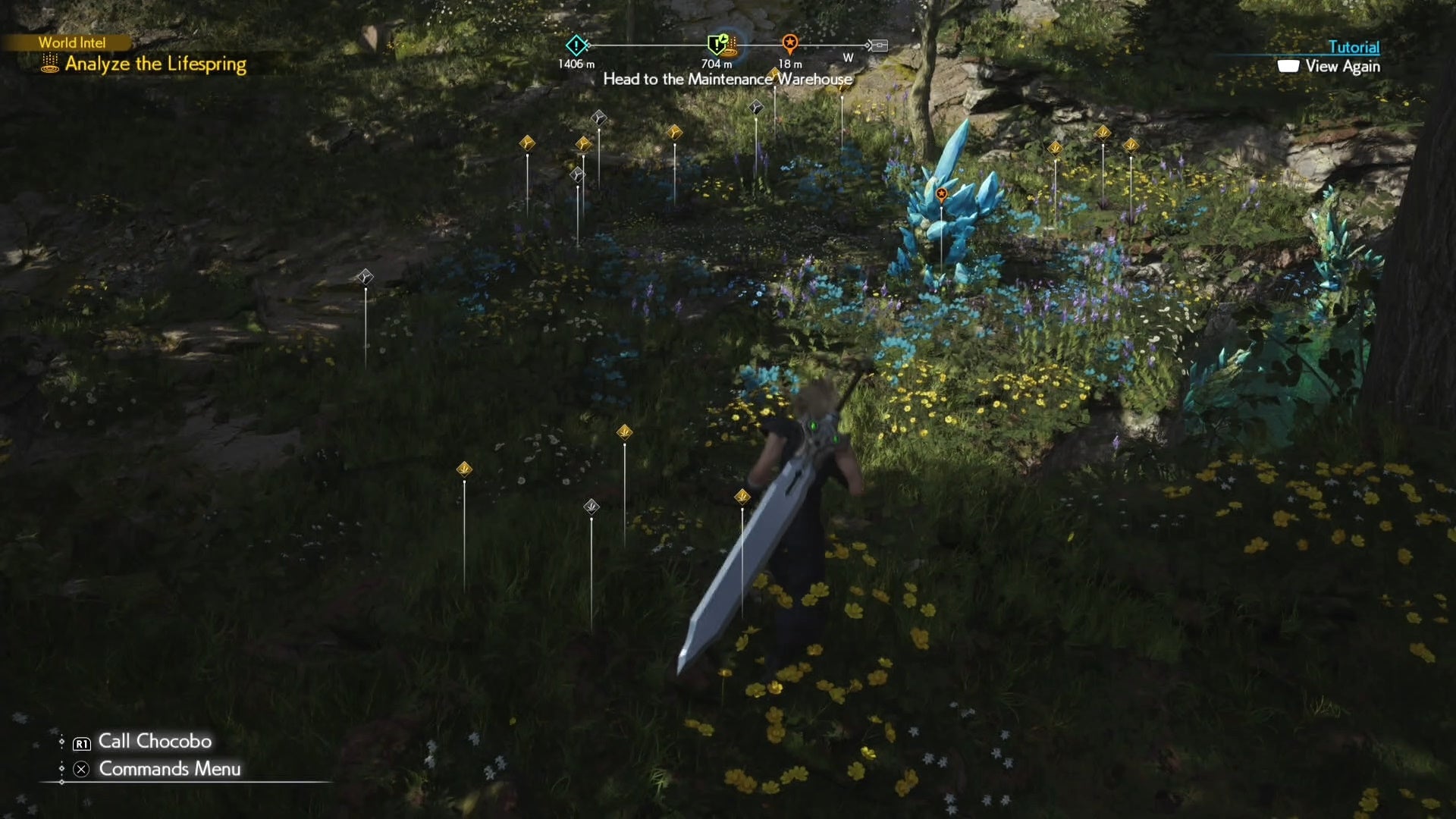 Cloud standing in front of a Lifespring area in the Grasslands in Final Fantasy 7 Rebirth.