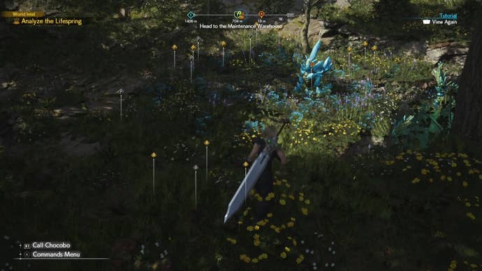 Cloud standing in front of a Lifespring area in the Grasslands in Final Fantasy 7 Rebirth.