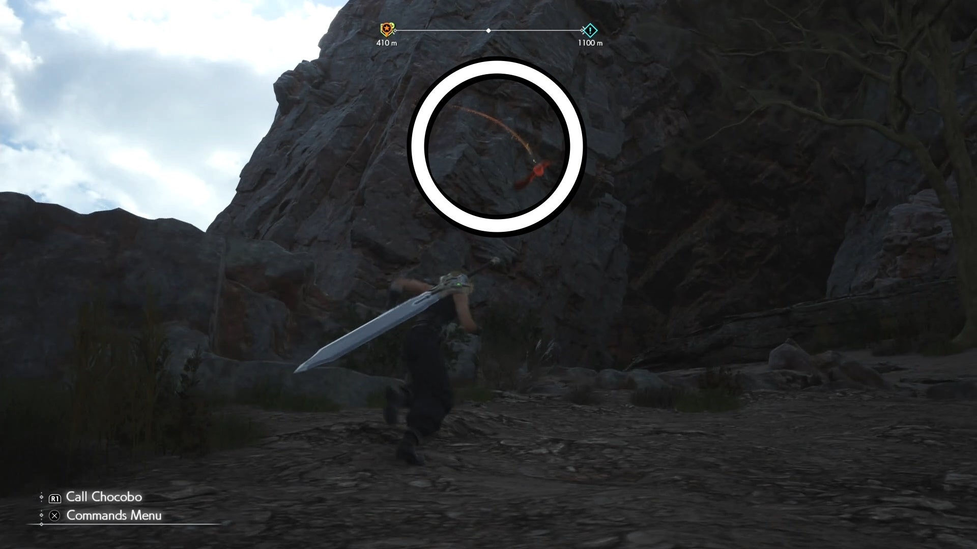 A white circle showing a red owl flying in a rocky area in Final Fantasy 7 Rebirth.