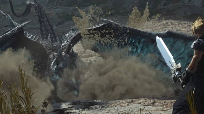 Cloud raising his sword at Quetzalcoatl in Final Fantasy 7 Rebirth.