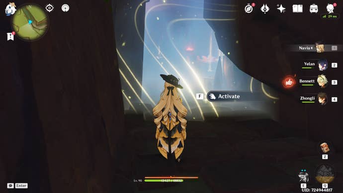 Navia looking at a barrier in the Children of Echoes settlement in Genshin Impact.