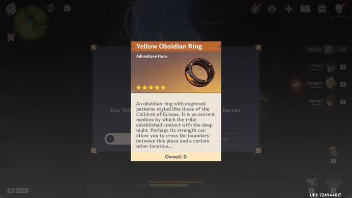 Menu view and description of the Yellow Obsidian Ring in Genshin Impact.