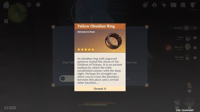 Menu view and description of the Yellow Obsidian Ring in Genshin Impact.