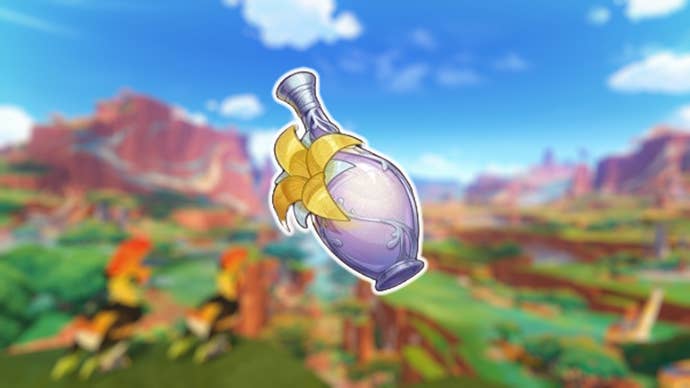 Sanctifying Elixir on a blurred background of Natlan in Genshin Impact.