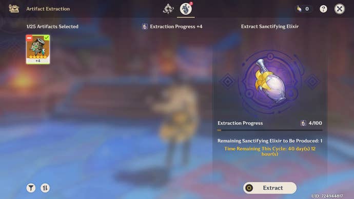 Menu view of extracting points from an Artifact using the Artifact Transmuter in Genshin Impact.
