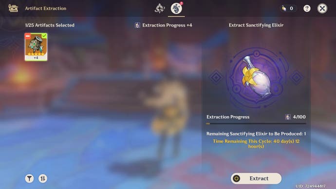 View of the menu for extracting points from an artifact using the artifact transmuter in Genshin Impact.