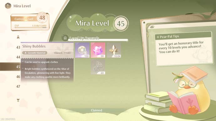 Shiny Bubbles highlighted on the Mira Level rewards menu in Infinity Nikki.