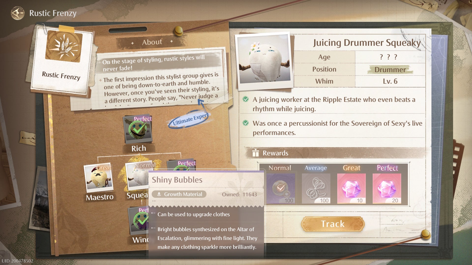 The Factions menu in Infinity Nikki with Shiny Bubble rewards highlighted.