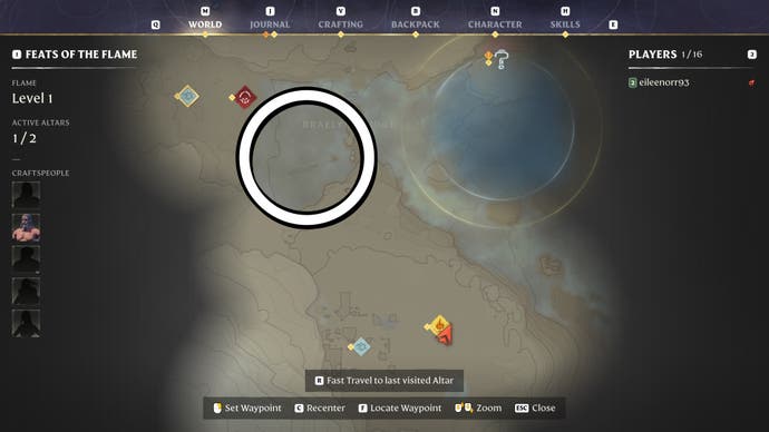 Map view of a Shroud area in Enshrouded with a circle showing the best place to farm Shroud Wood.
