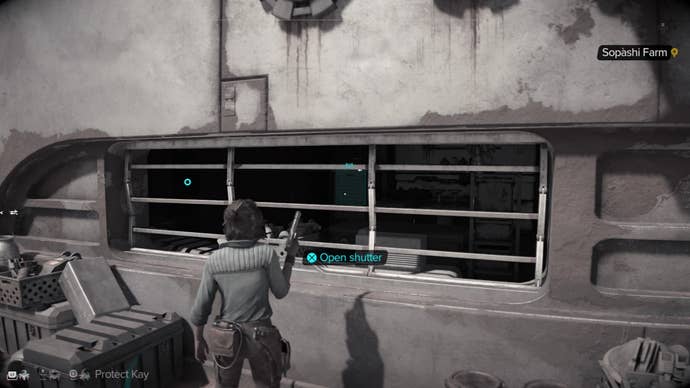 Kay commanding Nix to open a small shutter with a black and white screen filter in Star Wars Outlaws.