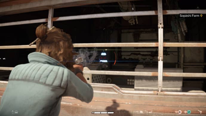 Kay aiming her Blaster at a conductor object inside a house in Star Wars Outlaws.