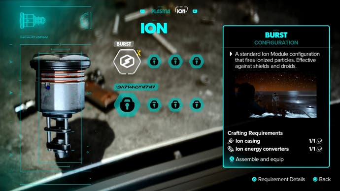 Menu view of the Ion Module Blaster upgrade at the upgrade table in Star Wars Outlaws.