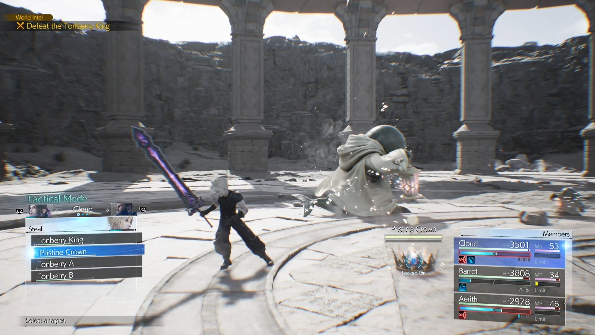 Cloud stealing the Pristine Crown during the Tonberry fight in Final Fantasy 7 Rebirth.