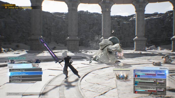 Cloud stealing the Pristine Crown during the Tonberry fight in Final Fantasy 7 Rebirth.