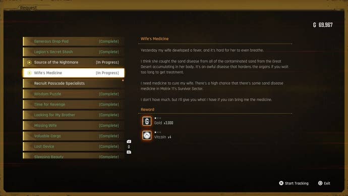 Request board view of a quest with Vitcoin rewards in Stellar Blade.