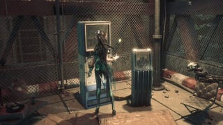 Eve flipping a Vitcoin at a vending machine in an Eidos 7 camp in Stellar Jade.