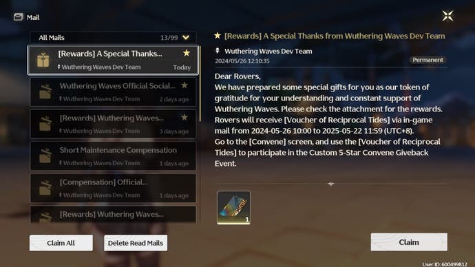 Menu view of the in-game mail system of Wuthering Waves showing a message with the Voucher of Reciprocal Tides currency attached.