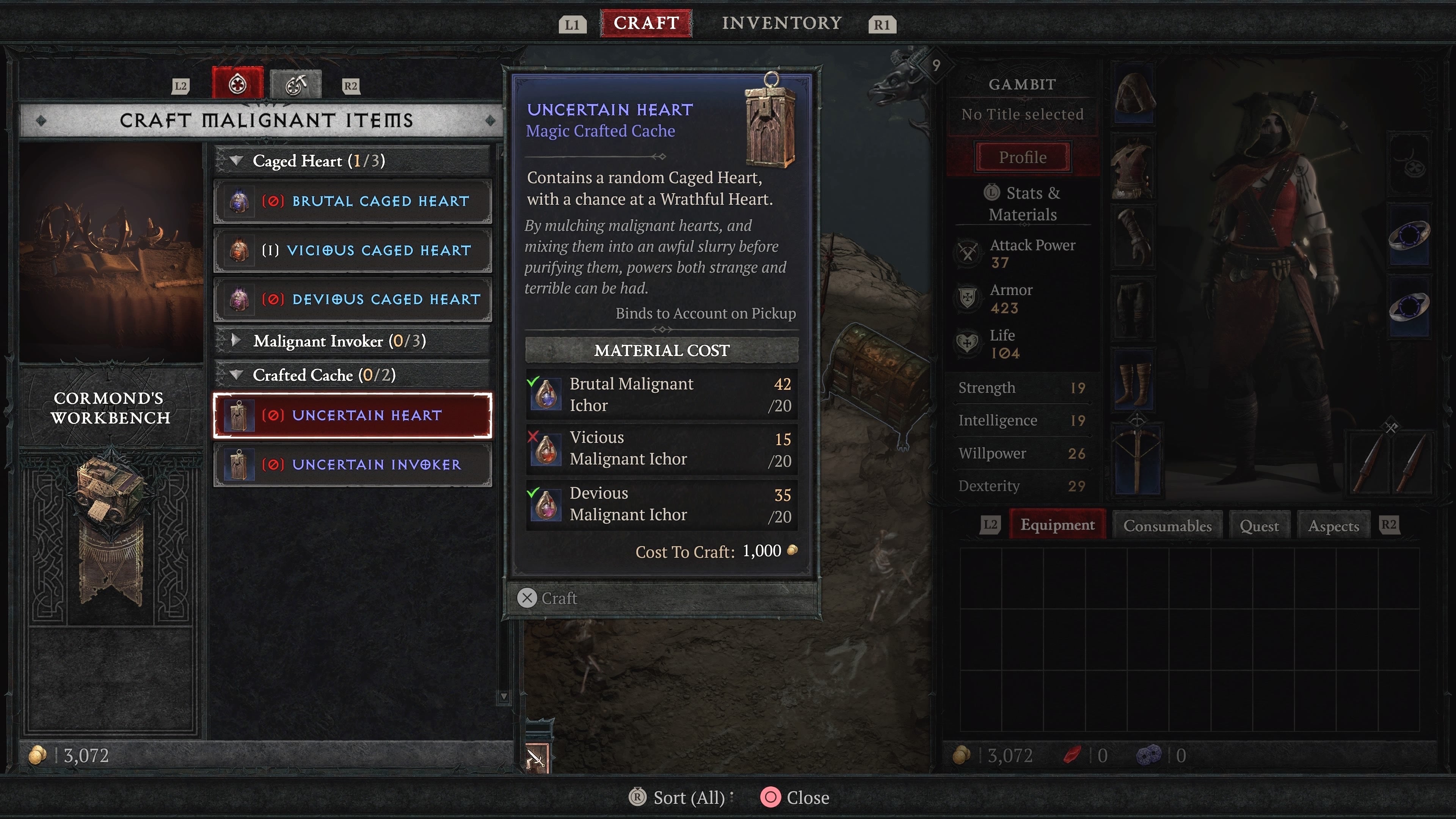 Menu showing the crafting materials for Uncertain Hearts.