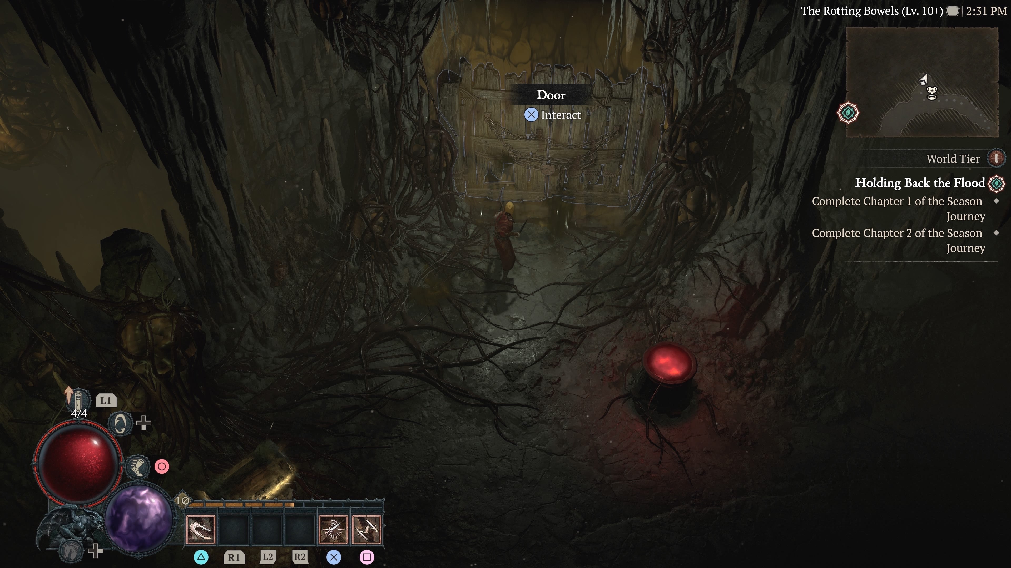 Character standing beside a large wooden door in a dungeon.